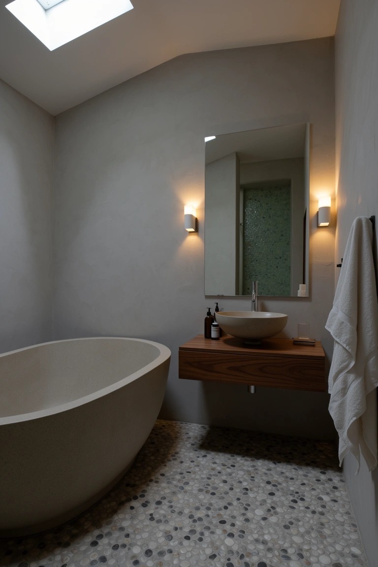 Bathroom with light gray pebble stone floor, freestanding beige tub, wooden vanity, and neutral walls