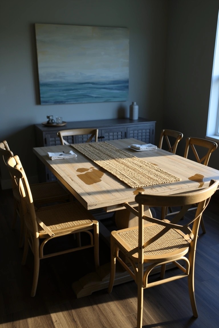 Rattan X-back dining chairs around a light wood table with seagrass runner in neutral beach dining room