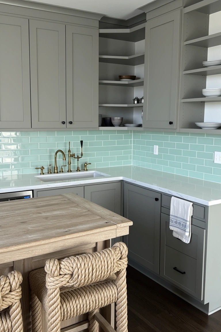 Corner kitchen featuring gray shaker-style cabinets, white quartz counters, teal subway tile backsplash, gold faucet, and wood dining table with two rope-wrapped barstools