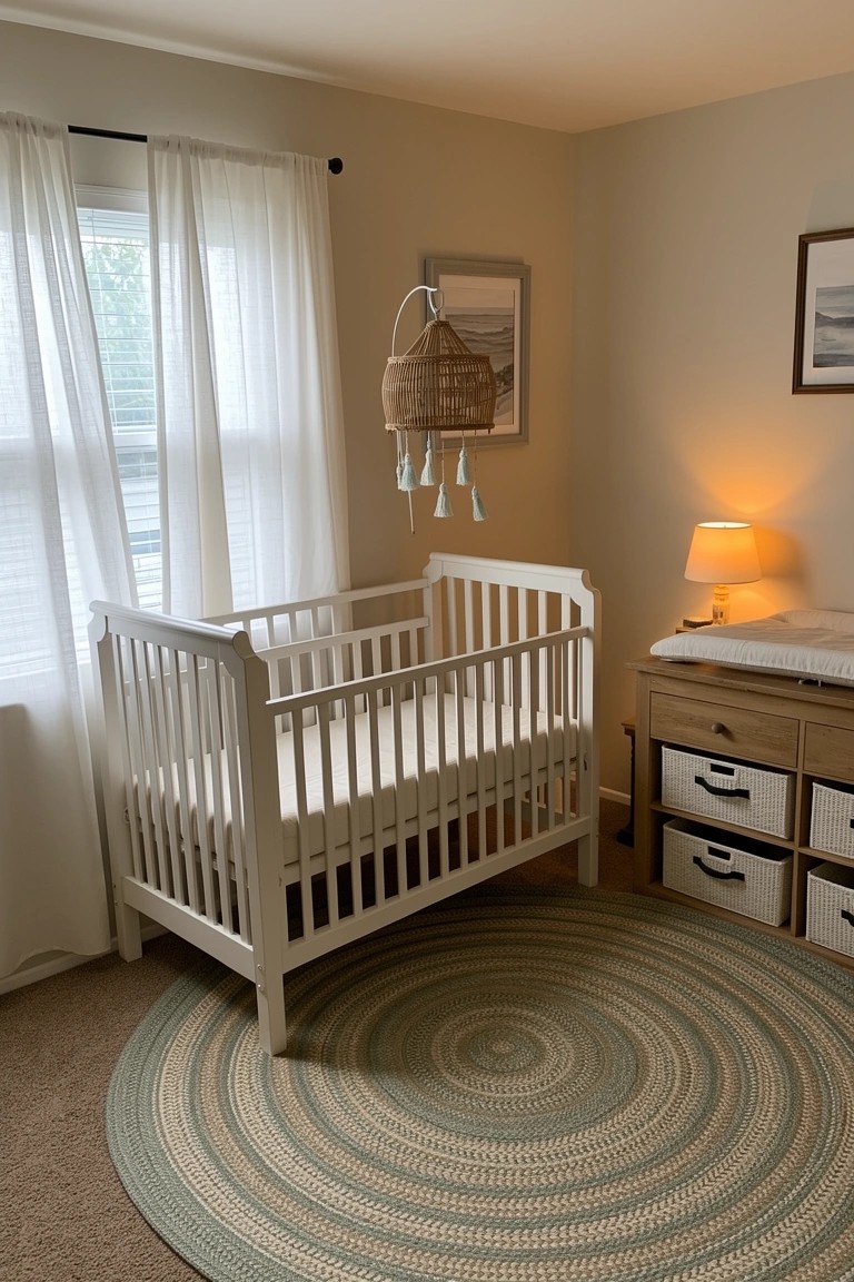 White crib and changing table on a round braided rug in a light nursery corner with sheer curtains and coastal artwork