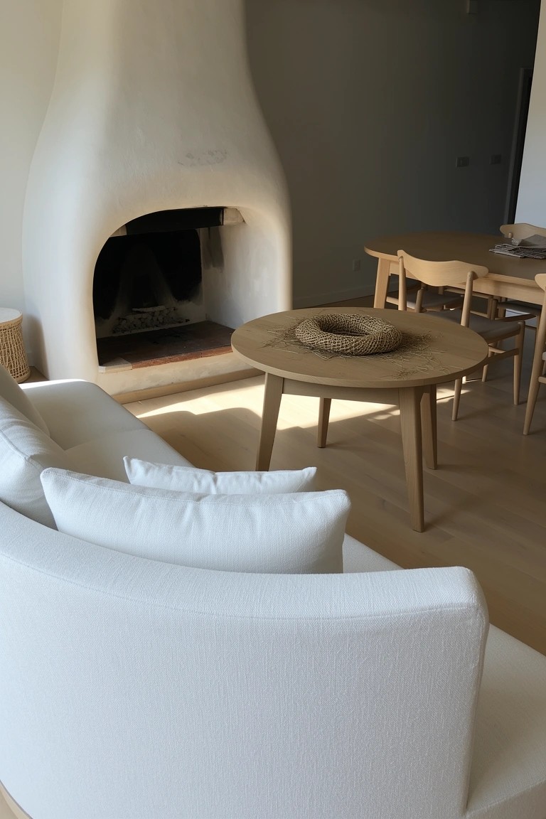White curved fireplace anchoring a light living room with curved white sofa and round wooden table