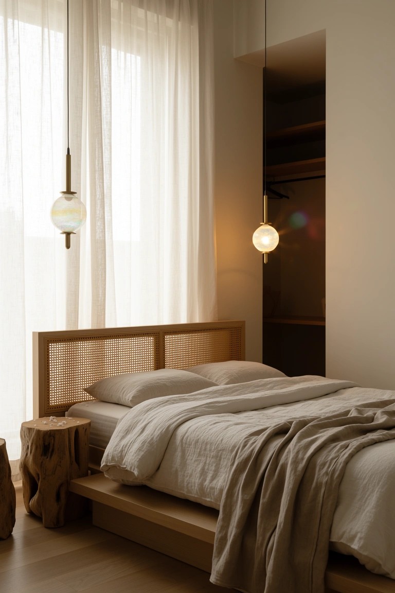 Bedroom with low wooden platform bed, rattan headboard, white linens, stump side tables, and glowing pendant lights by sheer curtains