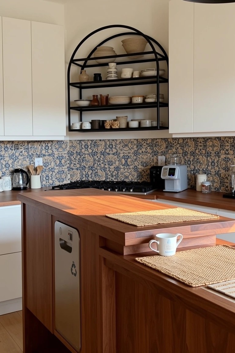 Arched black metal wall shelf displaying white pottery and baskets above blue patterned tile backsplash in a boho kitchen