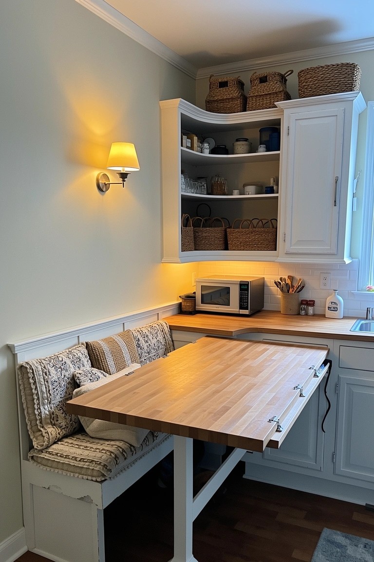 Kitchen corner nook with built-in white bench, wooden drop-leaf table, patterned cushions, white cabinets, and wicker baskets on open shelves