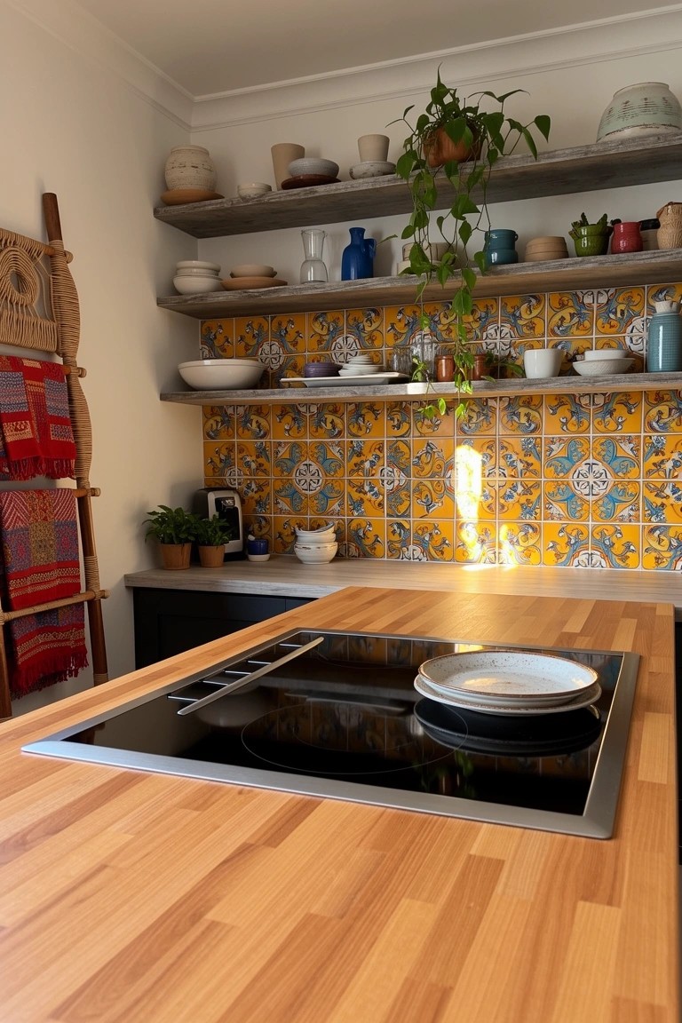 Boho kitchen with vibrant blue, yellow, and orange patterned tile backsplash, wooden butcher block island, open shelves stocked with pottery and plants
