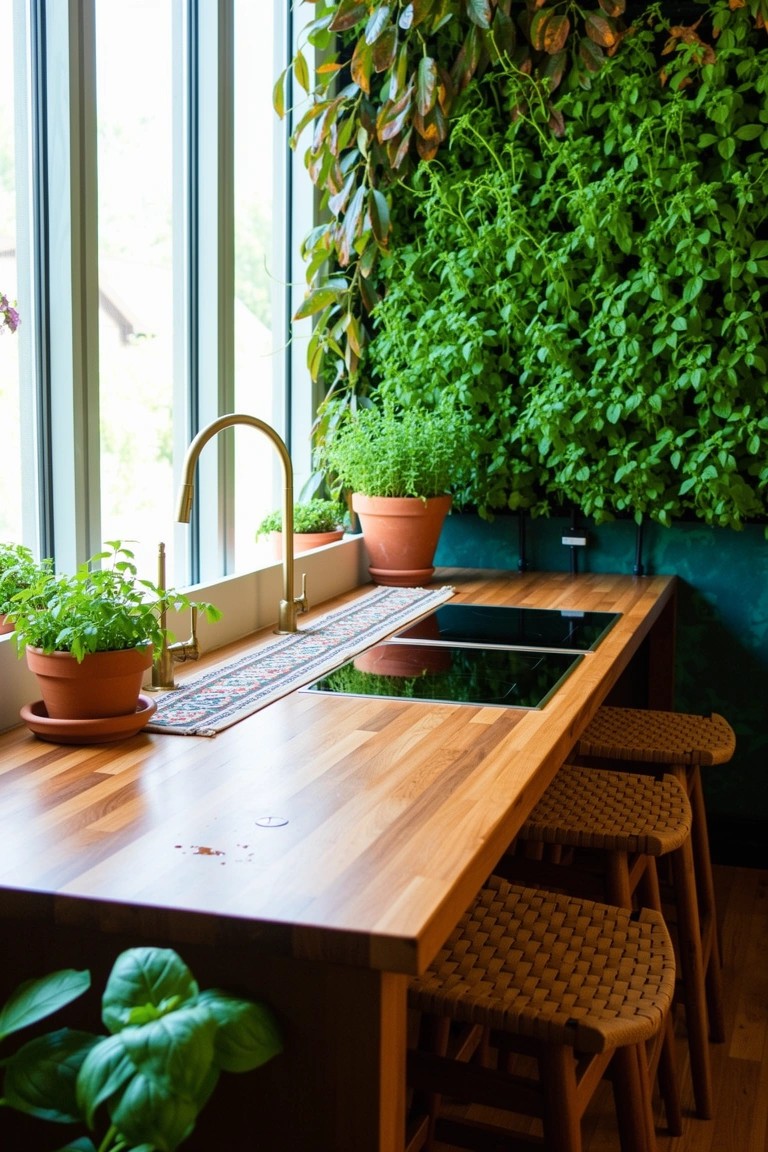 Kitchen counter with wooden top, brass faucet, potted herbs, lush green plant wall, and woven stools