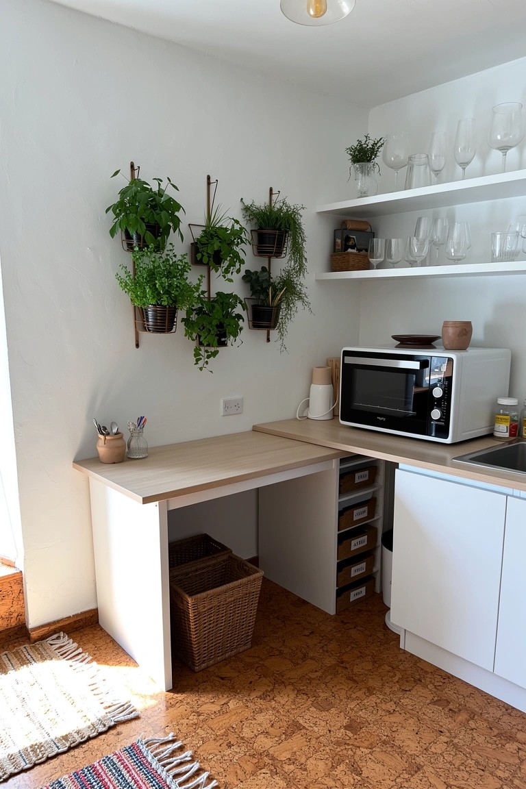 Small white kitchen corner with green plants hanging in pots on the wall above a light wood counter and microwave
