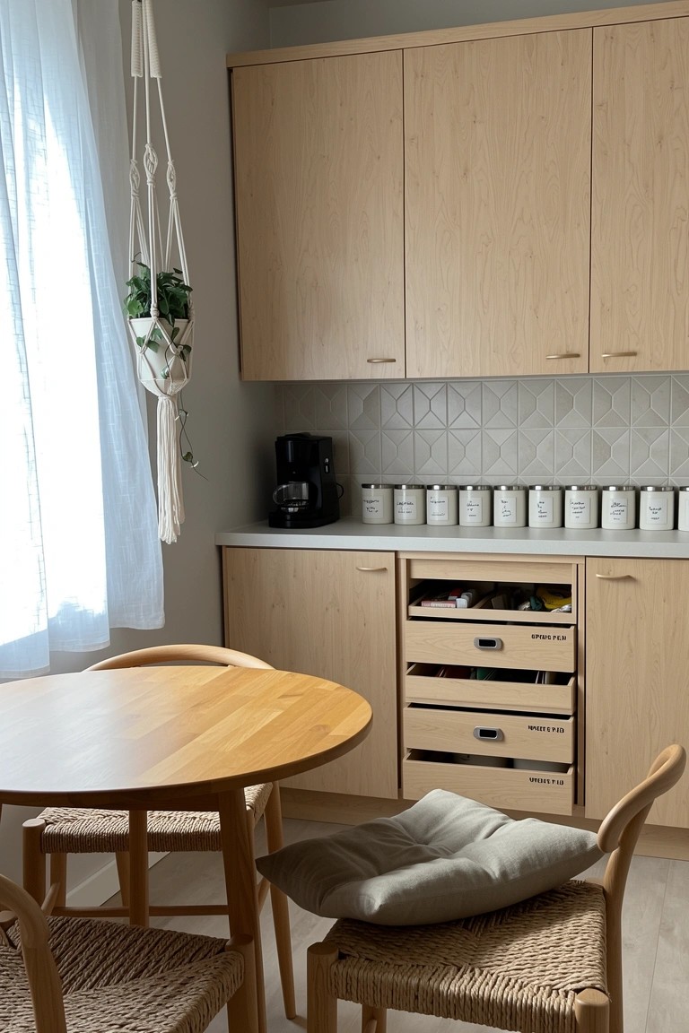 Boho kitchen nook with round wooden table, rattan chairs, light ash cabinets, macrame plant hanger, and white canisters on counter