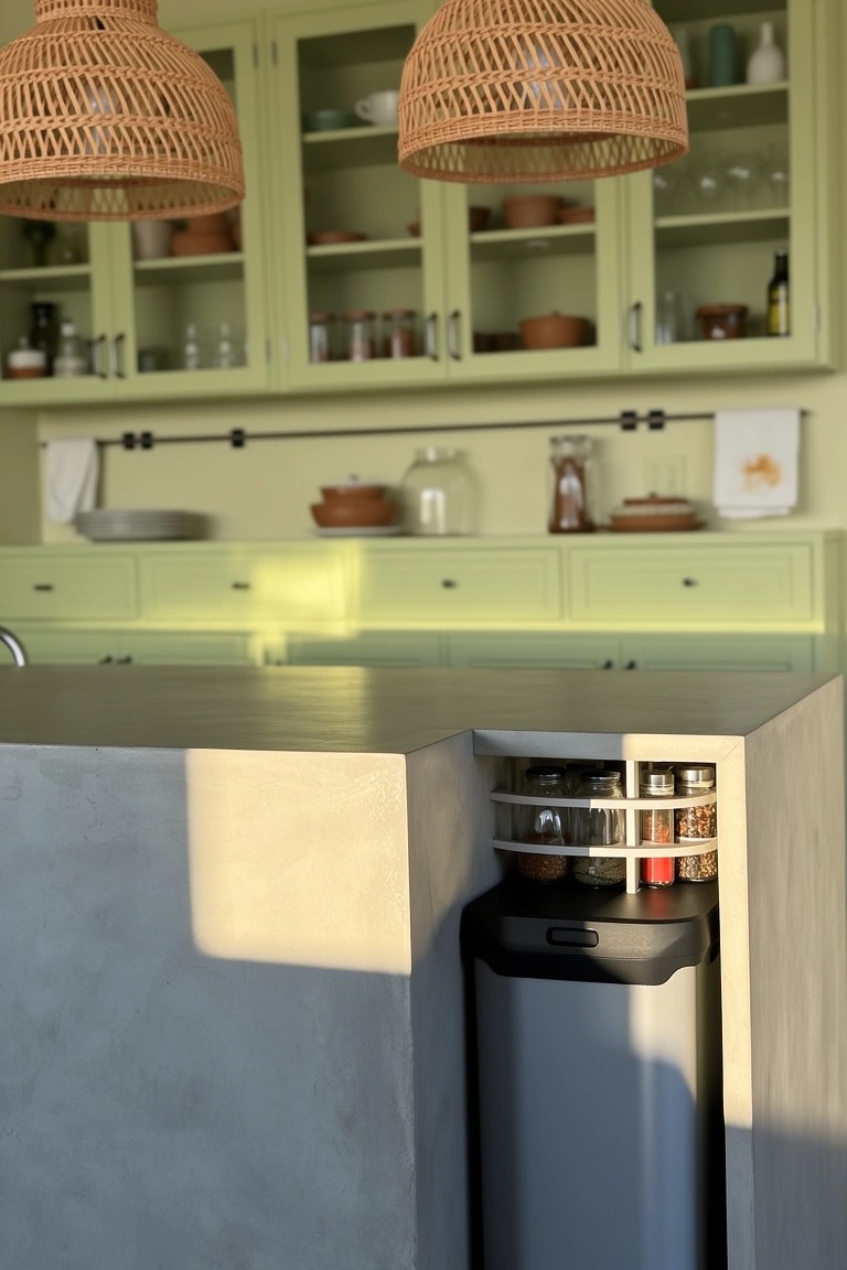 Boho kitchen island in concrete with built-in corner spice rack and pull-out gray trash bin, sage green cabinets and rattan lights in background
