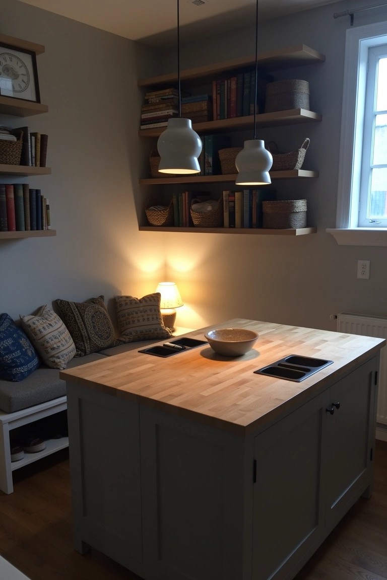 Cozy kitchen nook featuring a light wood butcher block island with double sinks, paired with a gray bench seat and colorful cushions, open wood shelves stocked with books and baskets, neutral walls, and hanging pendant lights.