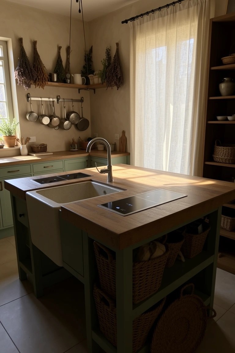 Boho kitchen with central wooden island featuring integrated farmhouse sink, sage green lower cabinets, woven baskets for storage, and hanging dried herbs on walls