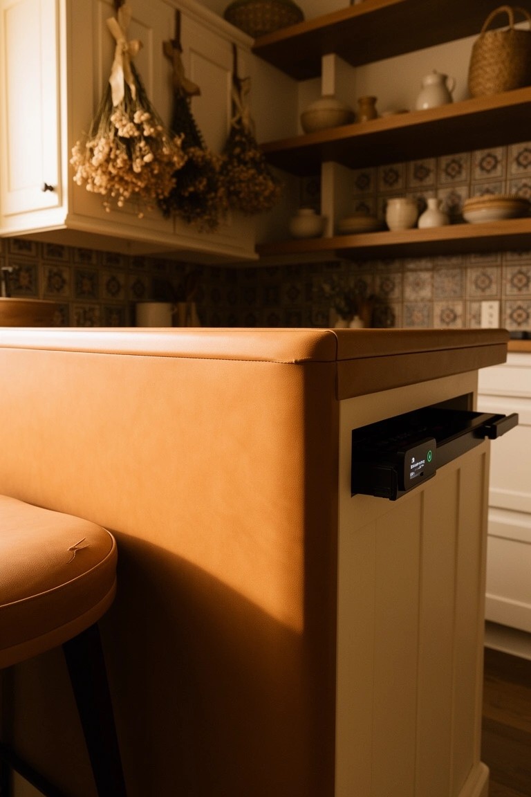 Tan leather bar stool at wooden kitchen island with terracotta tile backsplash and open shelves holding baskets and dried herbs
