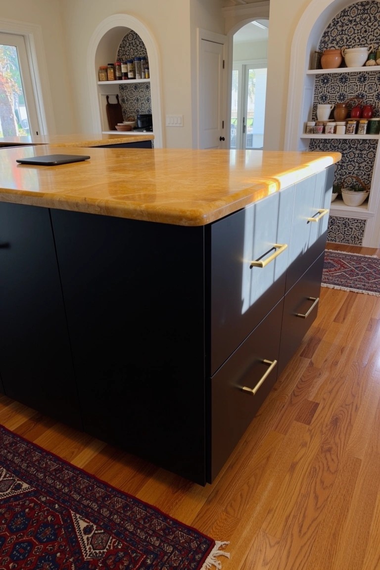 Boho kitchen island in matte black cabinets with warm honey-toned stone countertop and brass drawer pulls
