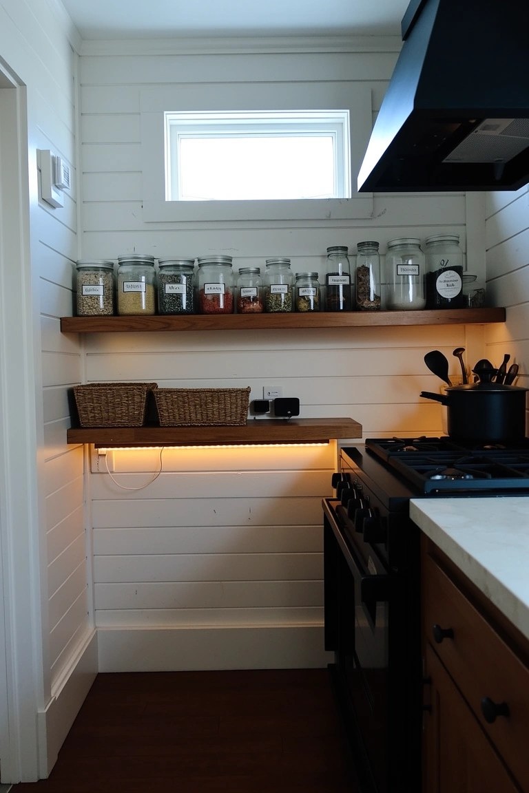 Small boho kitchen nook with shiplap walls, open wood shelves holding labeled glass jars and woven baskets, warm under-shelf lighting, and black cooktop on white counter