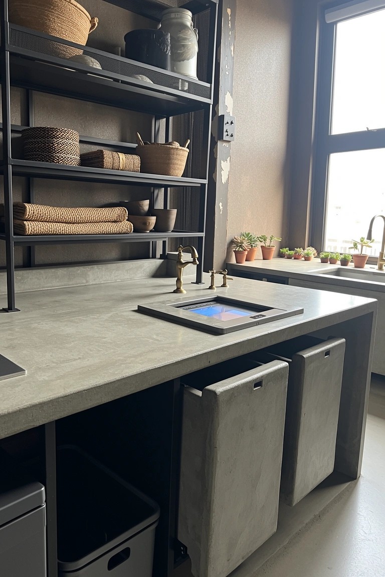 Boho kitchen with open black metal shelving holding woven baskets, pottery, plants, and linens above a concrete countertop and built-in gray storage drawers