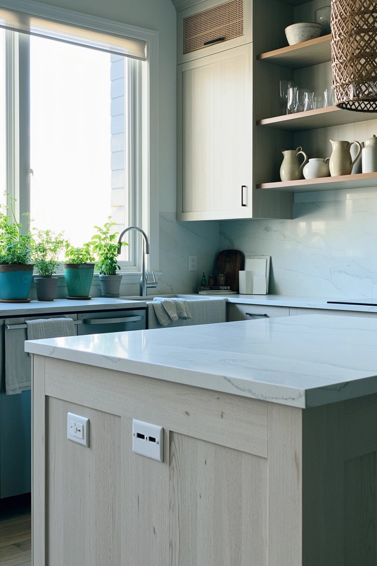 Light wooden kitchen island with white quartz top and side-mounted power outlets in a boho kitchen with plants and open shelves