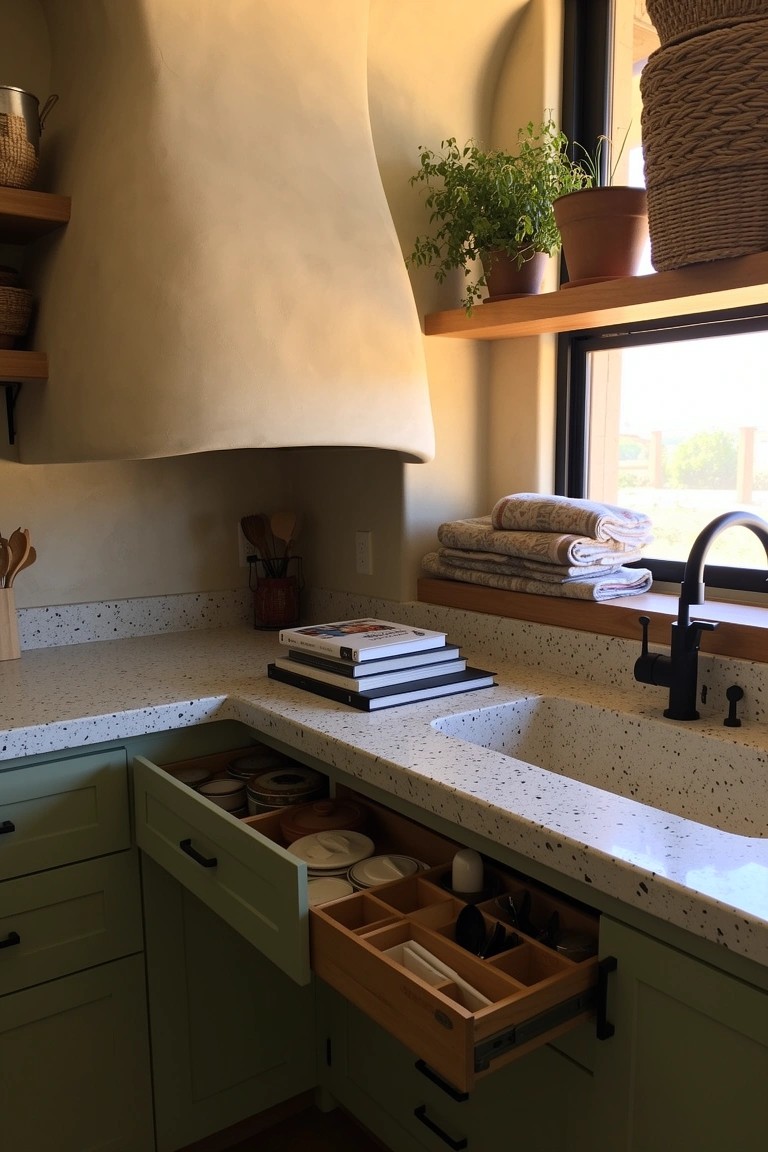 Sage green kitchen base cabinet with open pull-out drawer organizer using wooden dividers for plates, bowls, and utensils next to a speckled white sink