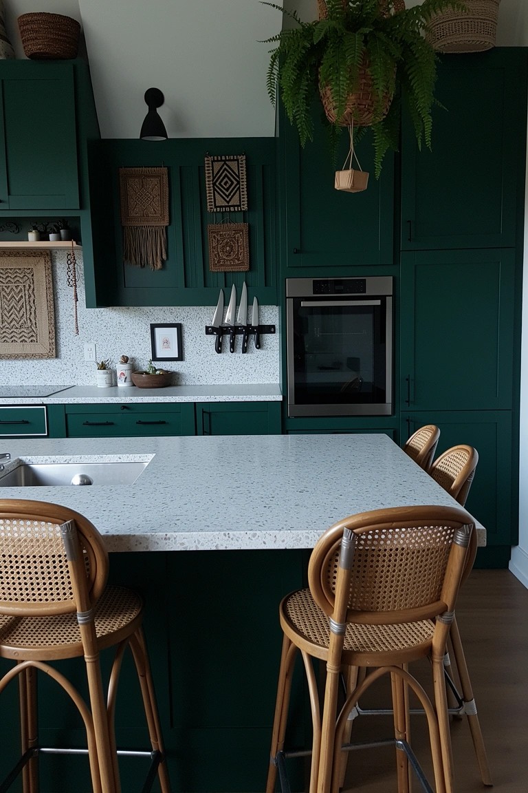 Boho kitchen island with rattan bar stools, deep green cabinets, white quartz countertop, woven wall hangings, and hanging plant