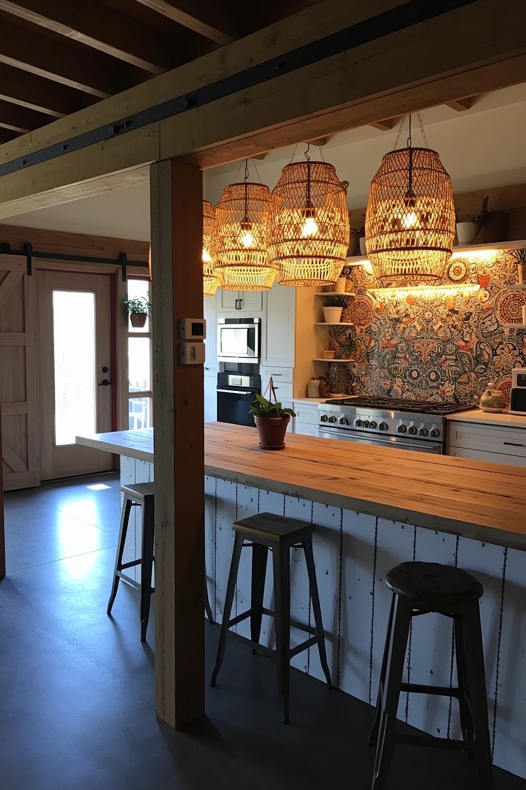 Boho kitchen bar with rattan pendant lights hanging over wooden counter and stools, next to patterned backsplash and exposed beams