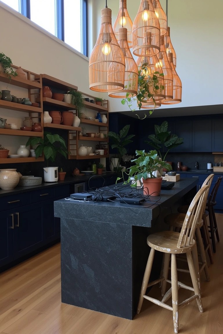 Cluster of warm rattan pendant lights over black stone kitchen island with navy cabinets, wooden stools, and potted plants on open shelves