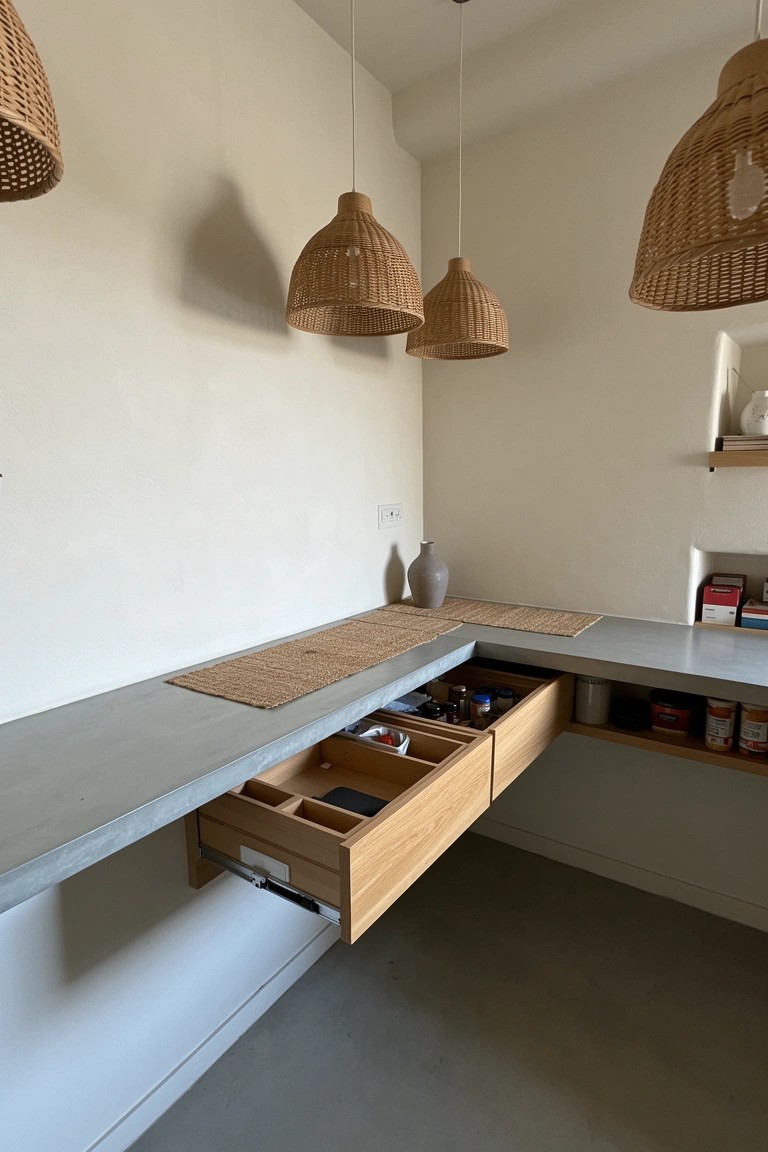Boho kitchen corner featuring concrete countertop with integrated wooden pull-out drawers and woven pendant lights