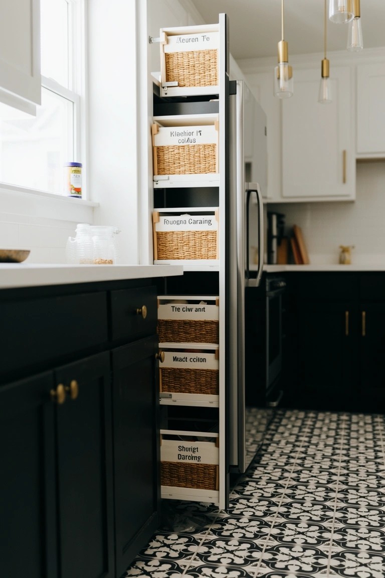 Tall white cabinet stacked with labeled woven baskets next to a black fridge in a black-and-white boho kitchen