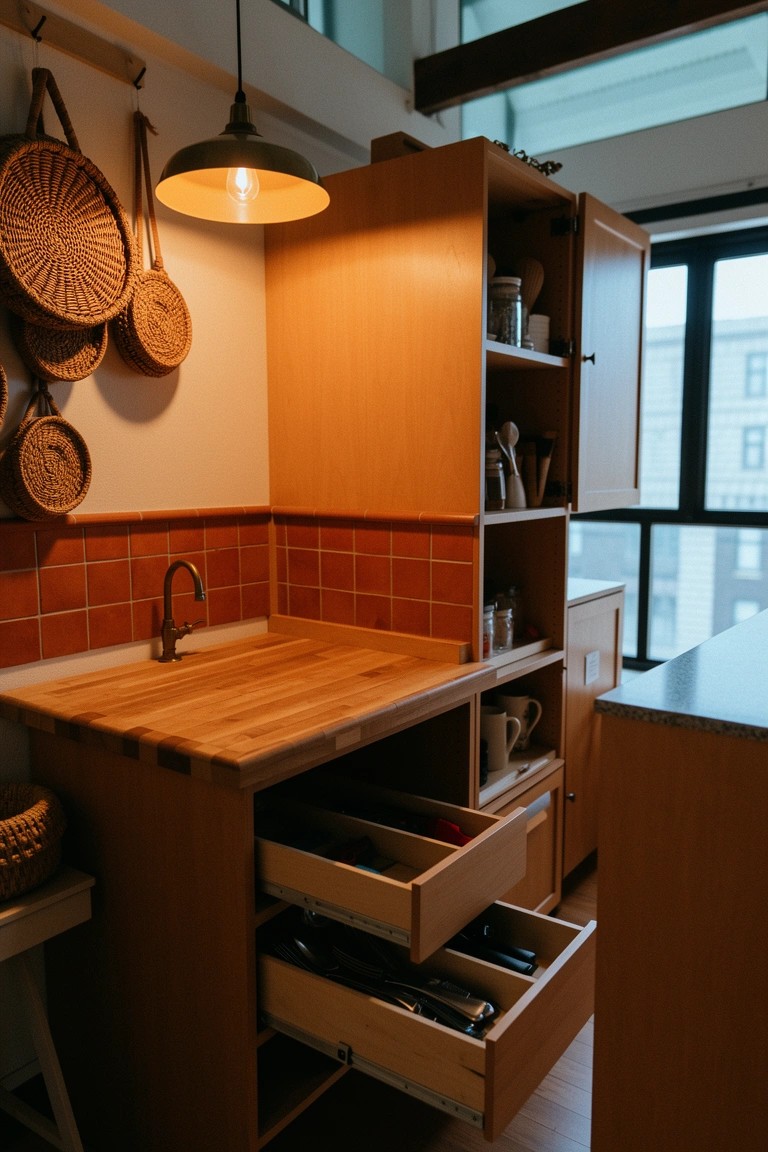 Wooden kitchen cabinets with open drawers showing utensils, terracotta tile backsplash, hanging woven baskets, and warm wood tones in a boho-style corner setup