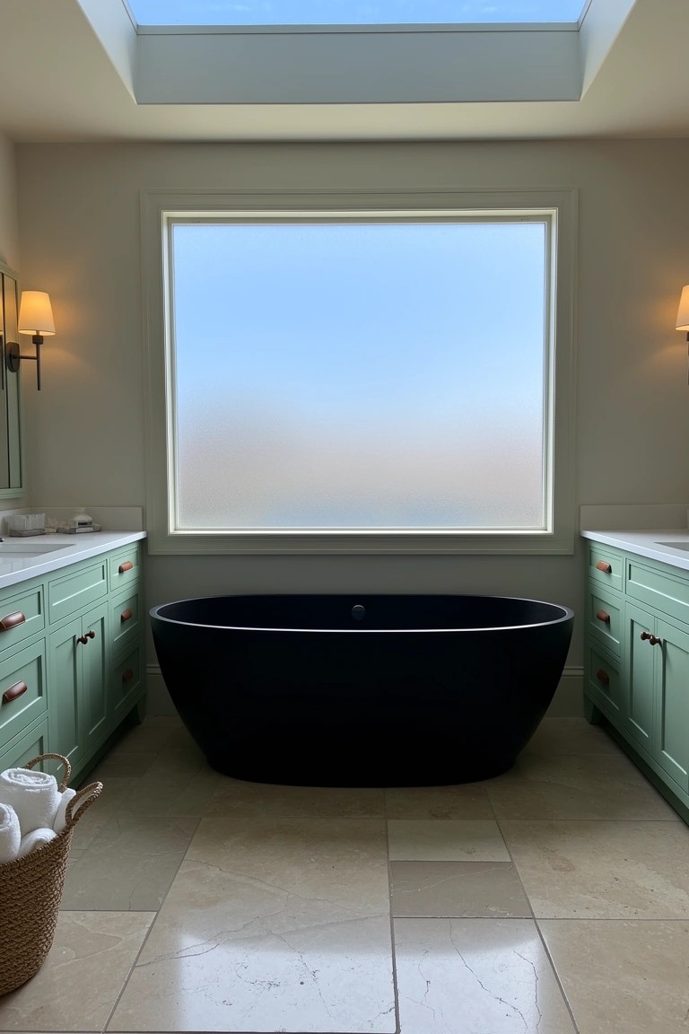 Beach house bathroom with centered black freestanding oval tub in front of large frosted window, flanked by green vanities and neutral tile floor