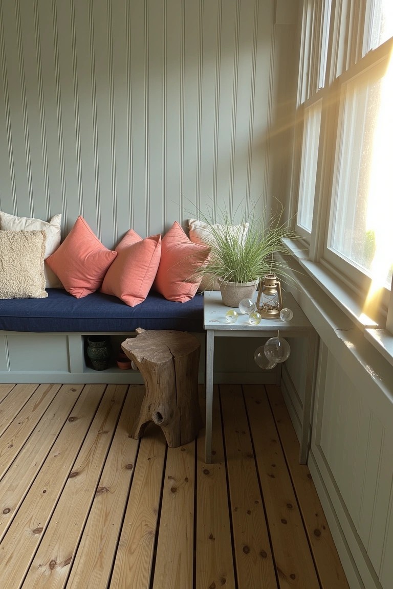Sage green wood-paneled sunroom corner with built-in navy blue bench piled with cream and coral pink cushions, wooden stool table holding a potted grass plant, sun streaming through large windows