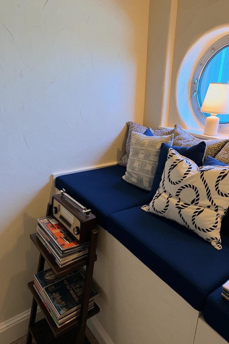 Cozy built-in navy bench seat under a round porthole window with nautical pillows, books, and retro radio on wooden shelf