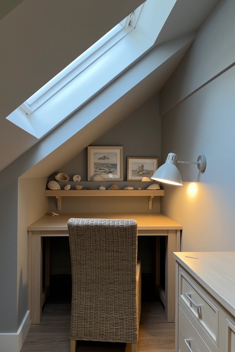 Cozy attic workspace with wooden desk, rattan chair under sloped ceiling, shelves holding seashells and neutral artwork, plus wall lamp and skylight