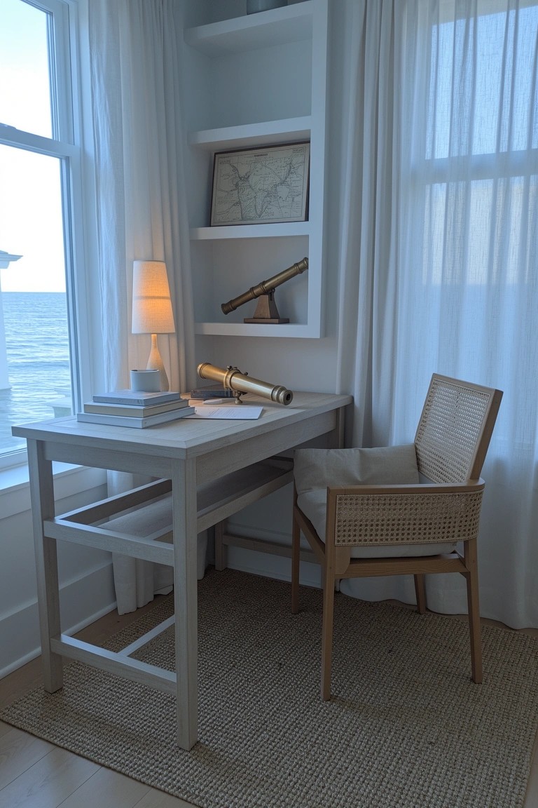 White corner desk with open shelves displaying nautical map and telescope, rattan chair, sheer curtains, ocean view