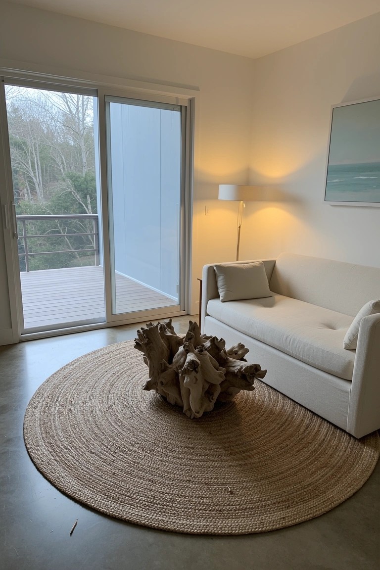 Twisted driftwood sculpture on round seagrass rug in front of white sofa in airy beach house living room