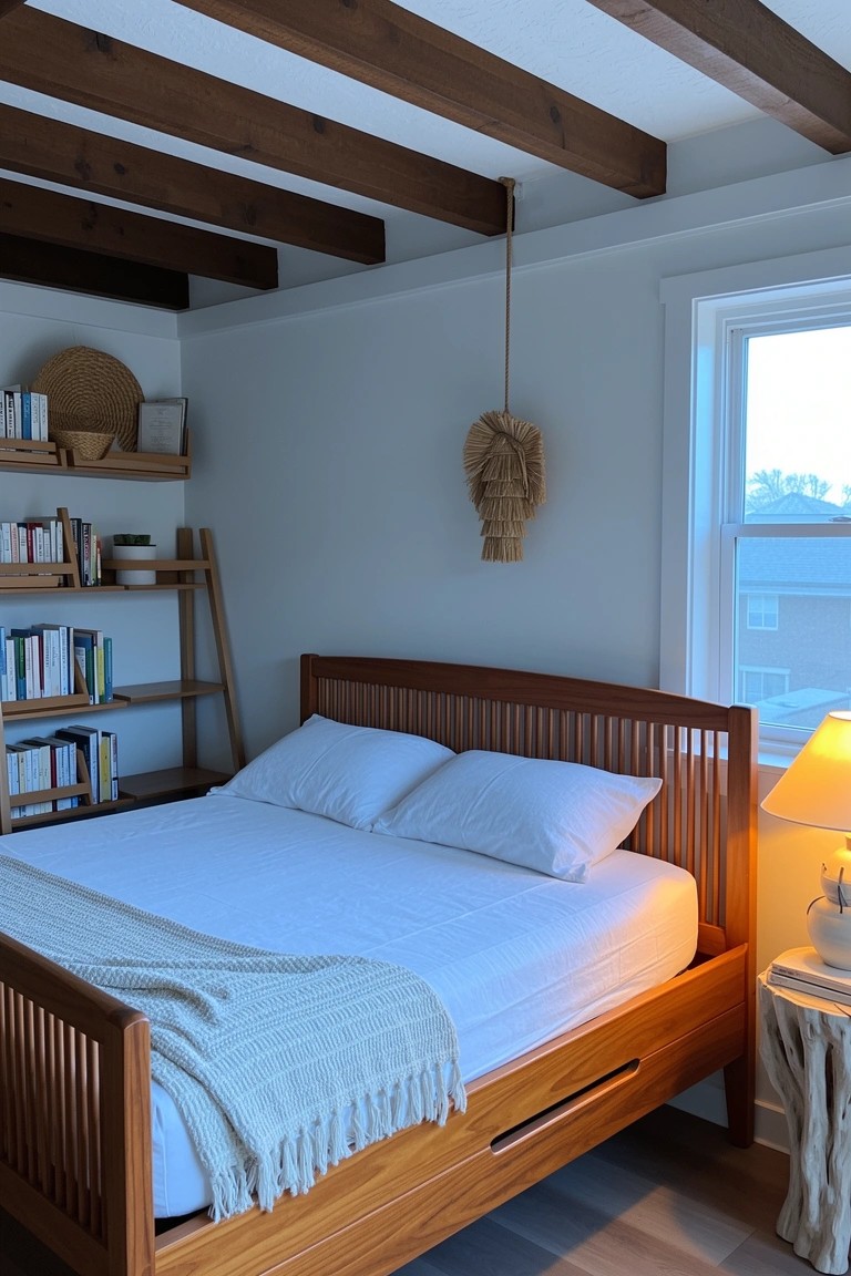 Beach house bedroom with dark exposed wooden ceiling beams, wooden bed frame, white bedding, and ladder bookshelves against pale walls