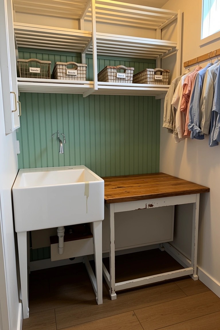 Small laundry closet with mint green shiplap walls, open white shelves holding baskets, hanging clothes rod, and white farmhouse sink on rustic wood table base