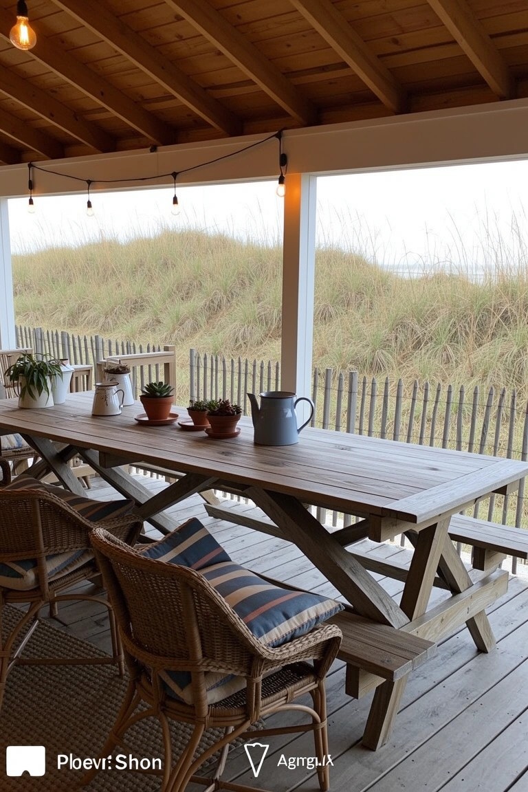 Covered beach house porch with long wooden dining table, benches, wicker chairs, and potted plants overlooking dunes