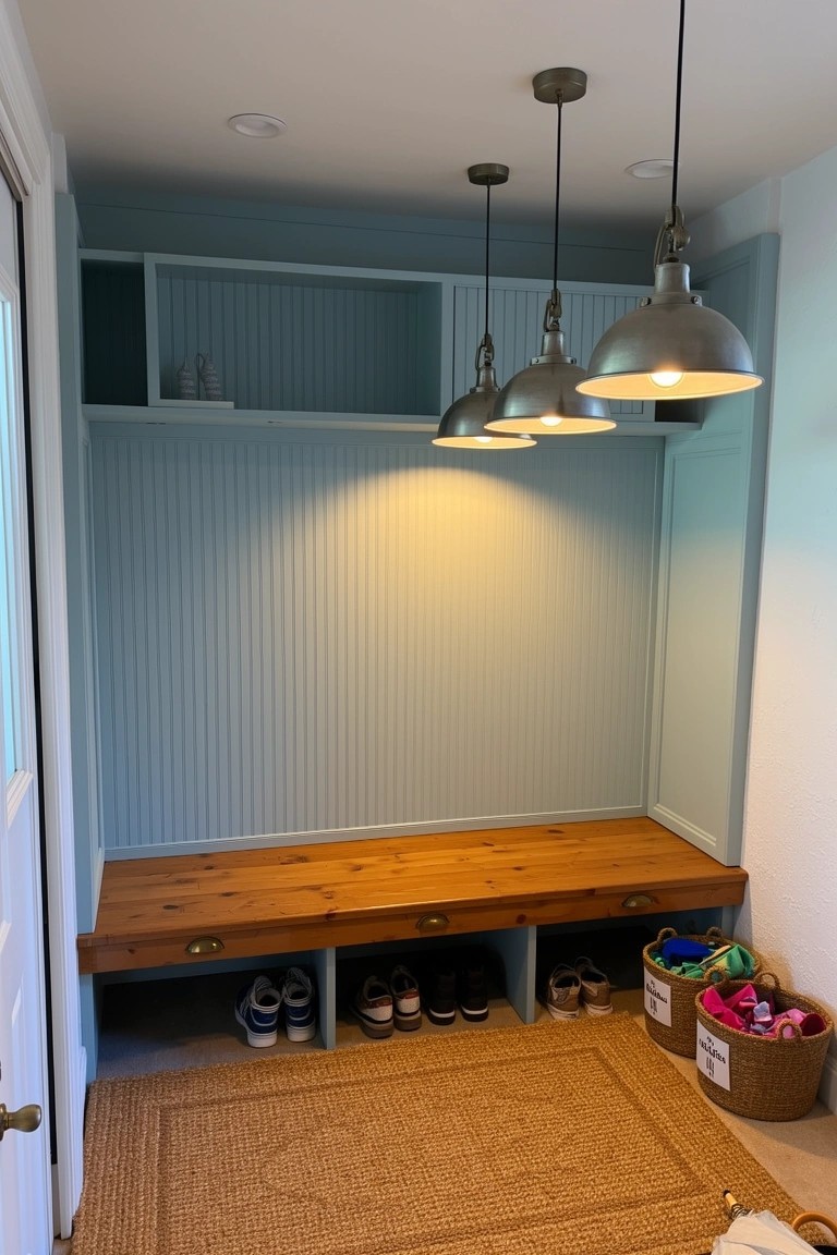 Coastal mudroom with pale blue shiplap walls, wooden bench with storage cubbies, open shelves, pendant lights, and shoe baskets on the floor
