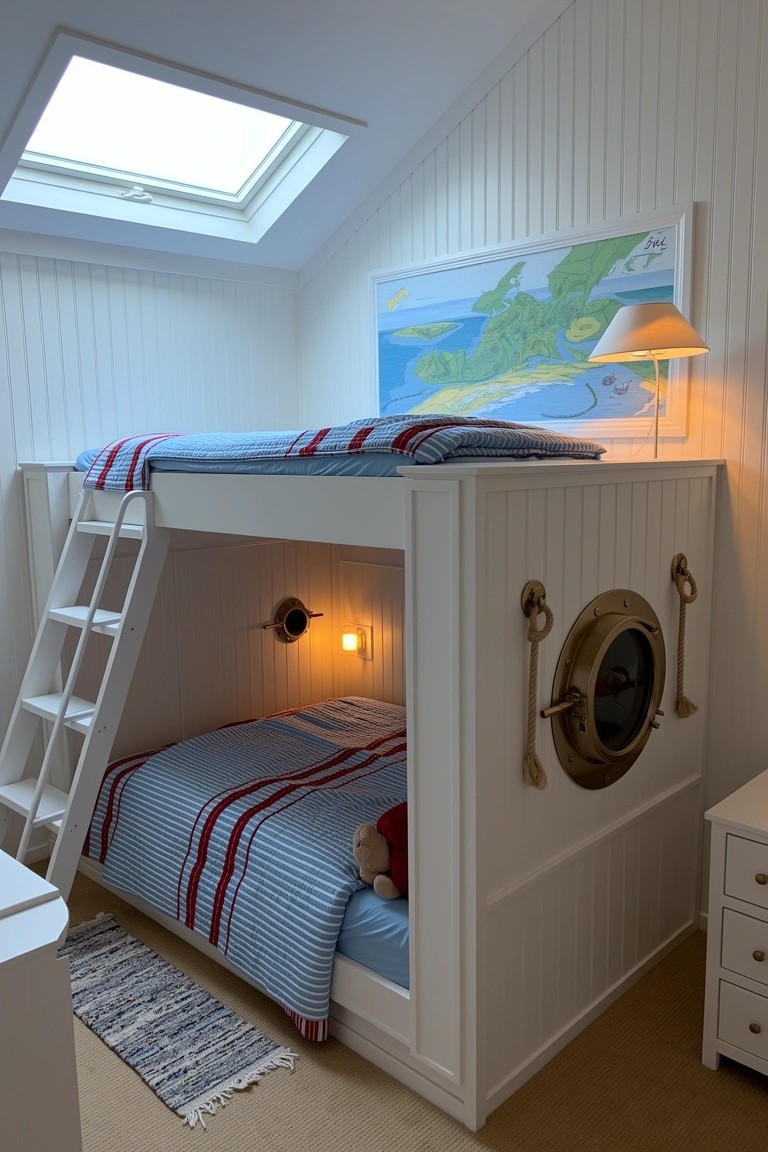 Custom white wooden bunk bed built like a ship cabin with ladder access, porthole window, rope accents, blue bedding, and nautical map on paneled wall in attic kids' room