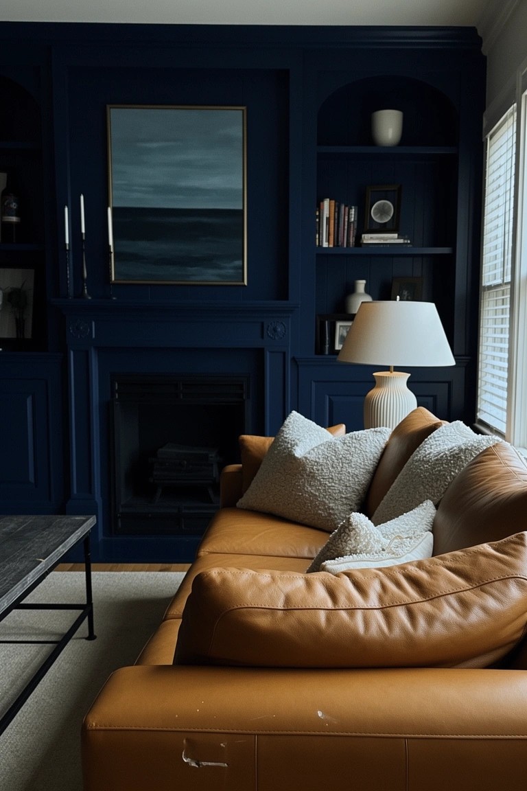 Navy blue built-in cabinets framing a fireplace with tan leather sofa, white pillows, and wood coffee table in a living room