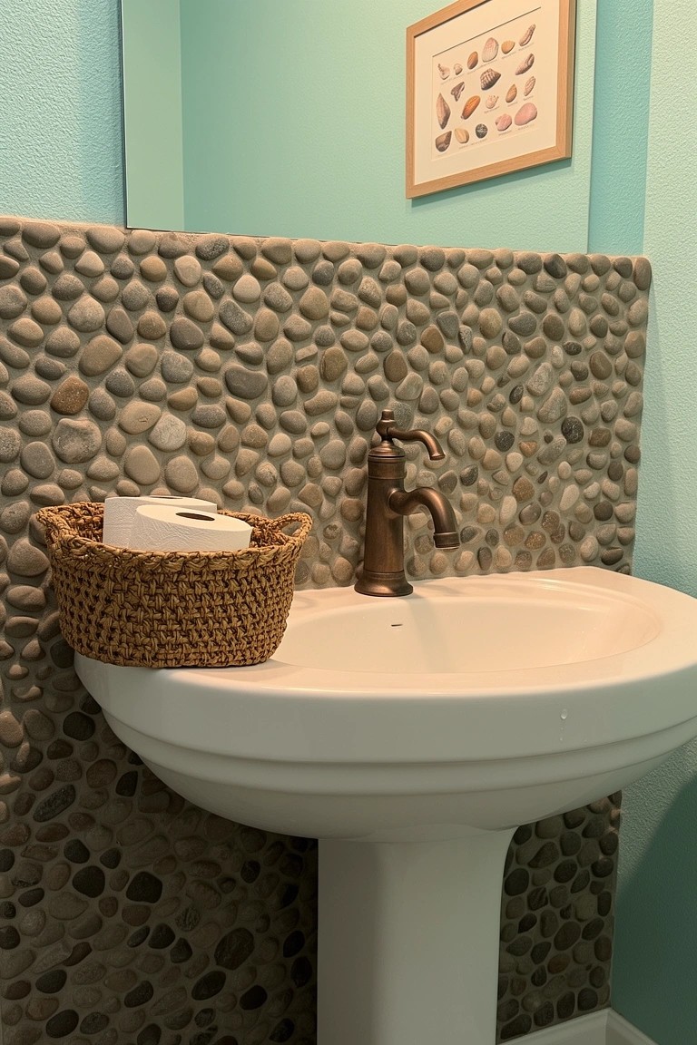 Bathroom sink area with pebble tile backsplash, bronze faucet, and turquoise wall