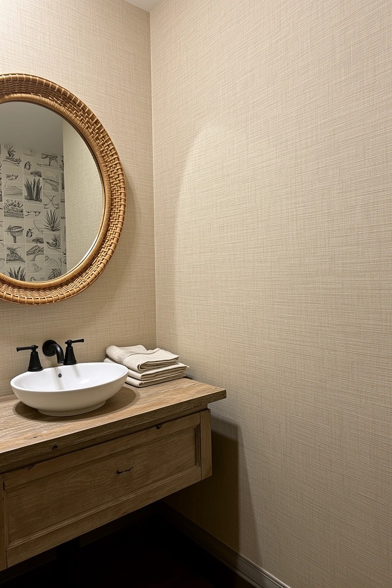 Round rattan mirror hanging over wooden vanity sink in neutral beach house powder room