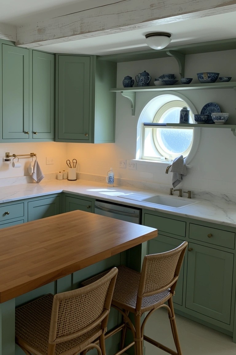 Sage green kitchen cabinets with white countertops, butcher block peninsula island, rattan bar stools, and round window shelves holding blue and white china dishes