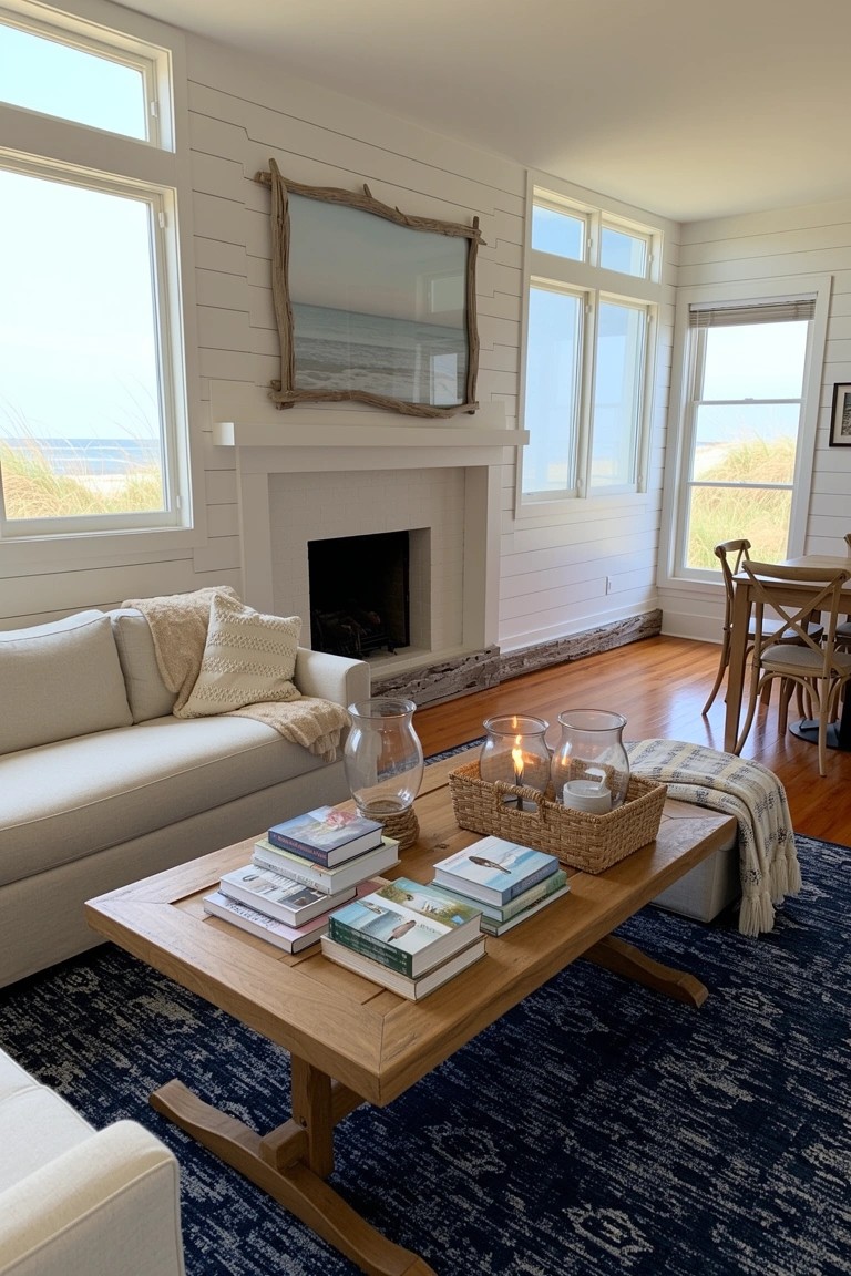Beach house living room with white shiplap walls, white sofa, wooden coffee table stacked with books, stone fireplace, and large windows to ocean view