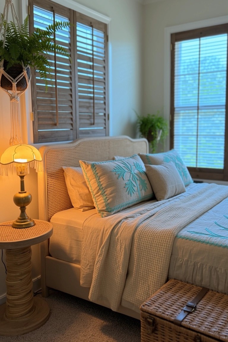 Beach house bedroom featuring cream upholstered bed with teal tropical palm print quilt and pillows, brass lamp on wooden spool table, wooden shutters on windows