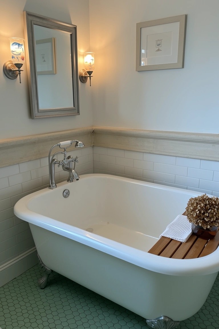 White clawfoot bathtub with wooden tray holding towel and dried hydrangeas in a tiled bathroom