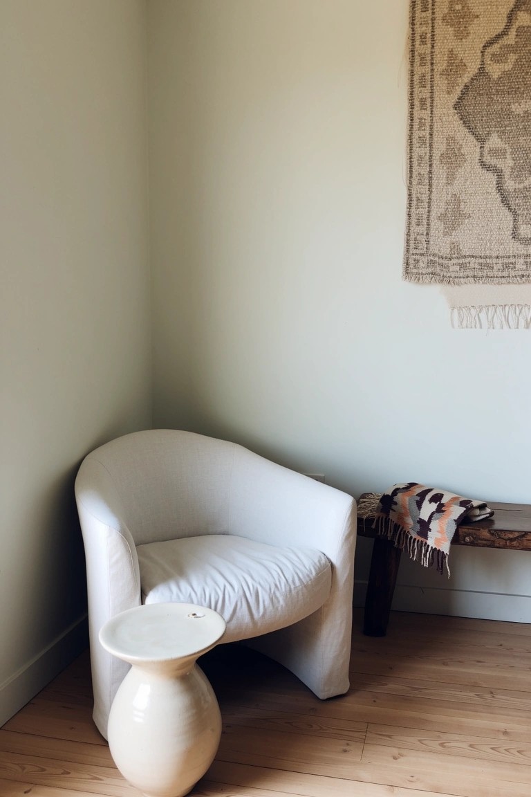 White curved armchair in pale green corner with matching pedestal table, woven wall hanging, and wooden bench with colorful throw