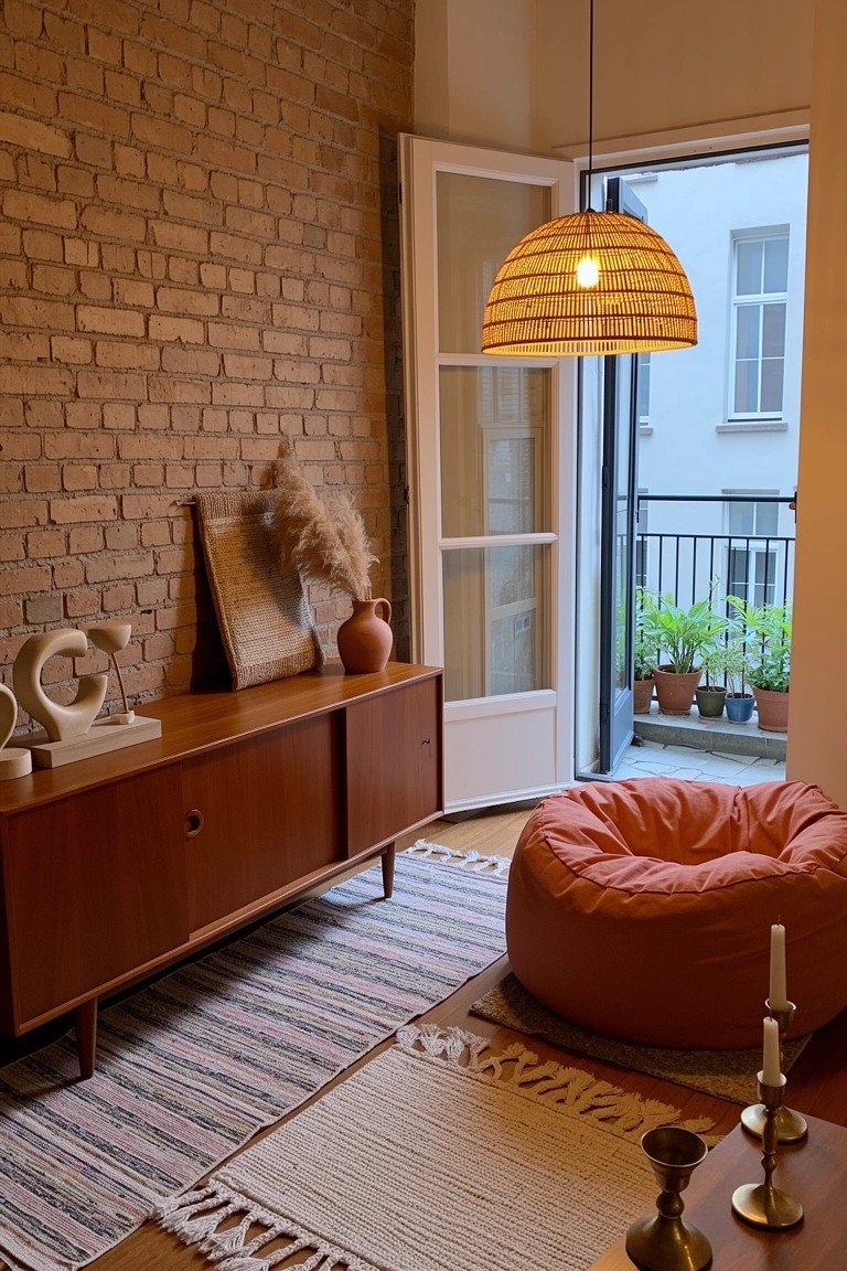 Bohemian living room corner with orange bean bag, wooden credenza against brick wall, rattan pendant light, and open doors to balcony plants