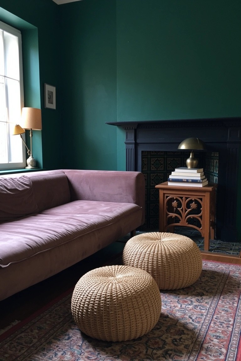 Emerald green walls in a cozy bohemian living room corner with purple velvet sofa, rattan poufs, fireplace, and side table