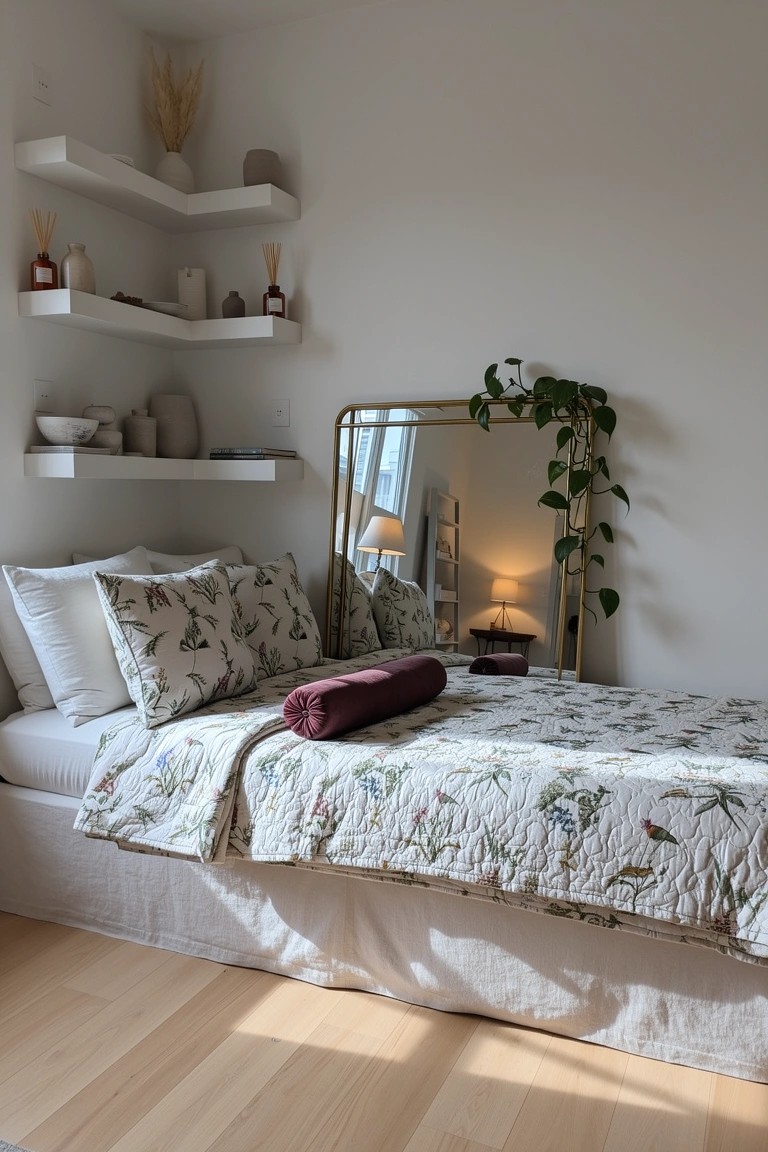 White floating shelves in a bedroom corner displaying ceramics, plants, and dried grasses beside a gold mirror with hanging greenery and a bed with neutral floral bedding