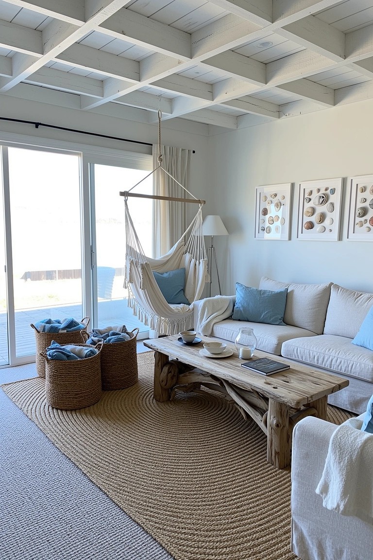 White hammock chair hanging in airy boho living room with sofa, driftwood table, seagrass baskets, and blue pillows